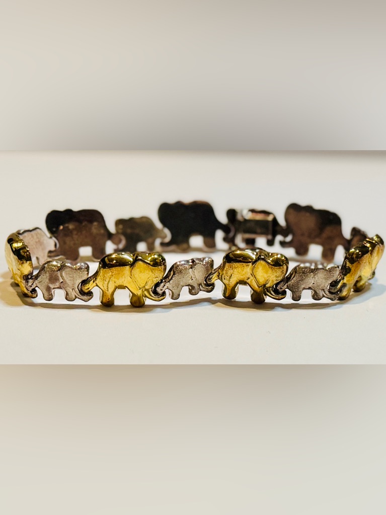 Vintage Italian Sterling Silver Elephant Bracelet 925 TwoTone 8 Lucky Link